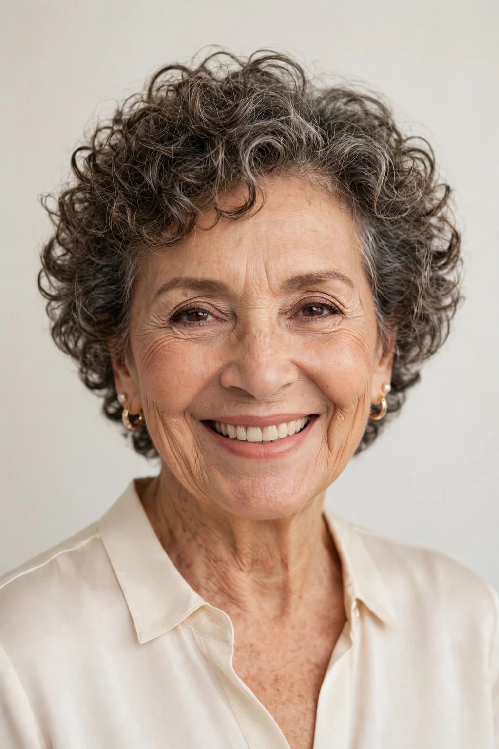 Elegant older woman with curly short cut, soft joyful curls, bright light.