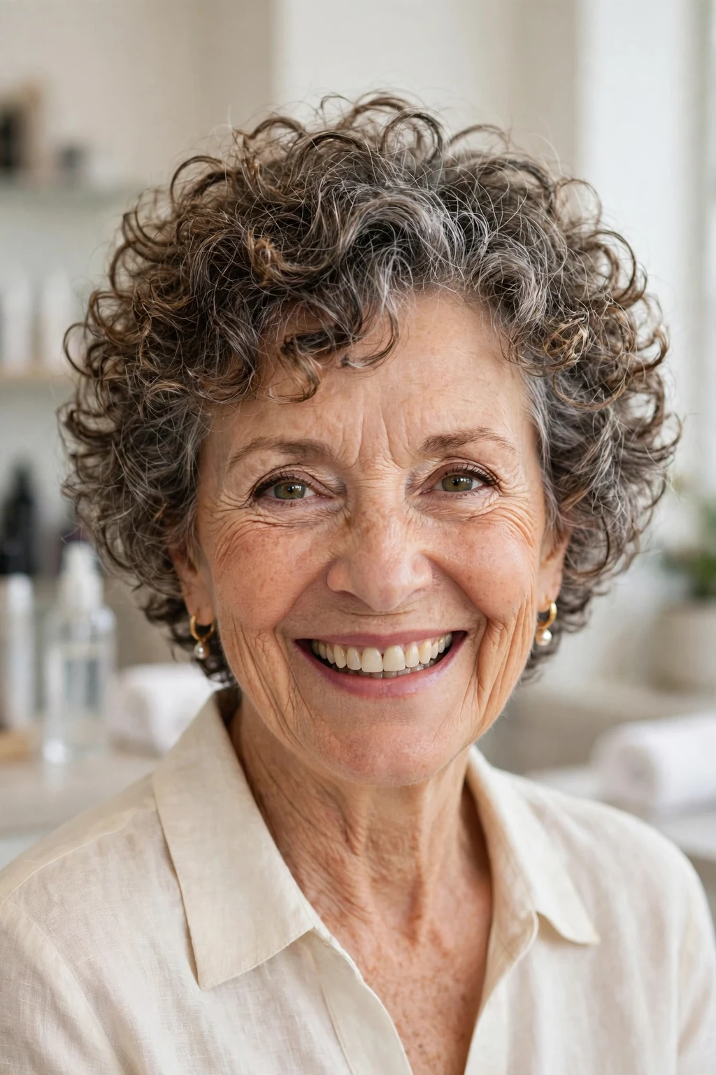 Elegant woman over 60 with curly short cut, bouncy joyful curls, bright light.