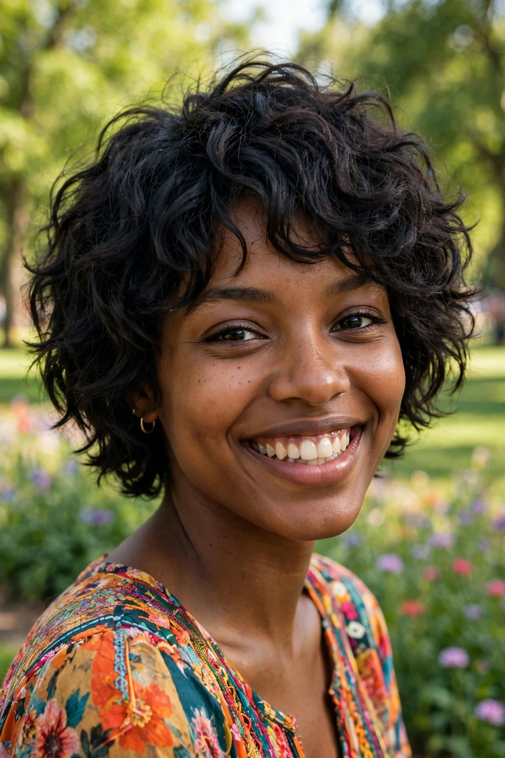 Beautiful woman with curly short shag, bouncy curly shag, vibrant light.