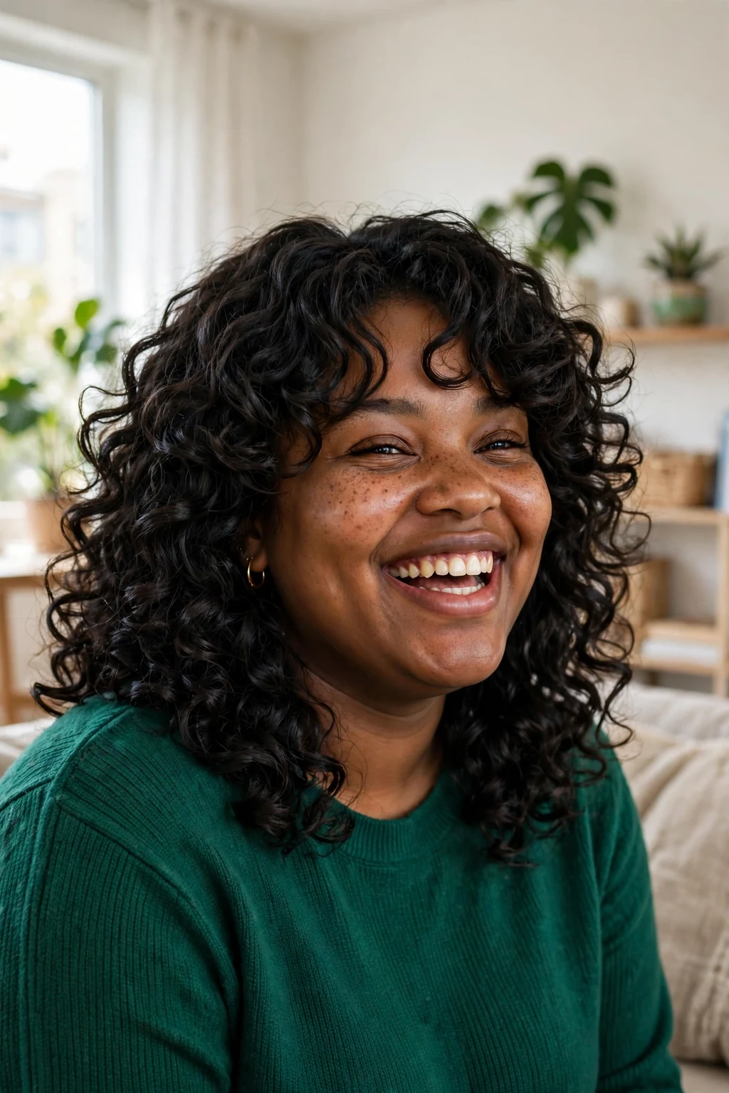 Plus-size Black woman in her twenties with a curly shoulder-length cut, wearing a emerald green top in a bright apartment living room.