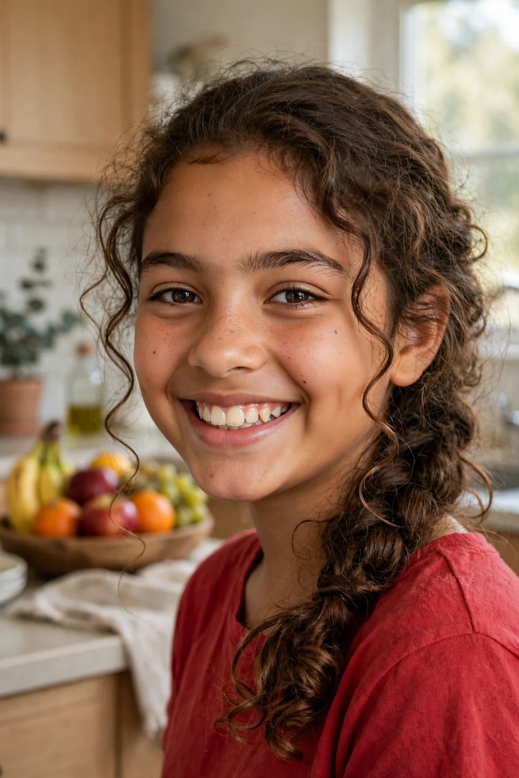 A happy 10-year-old Latina girl with a loose curly side braid over her shoulder, wearing a red top in a kitchen.
