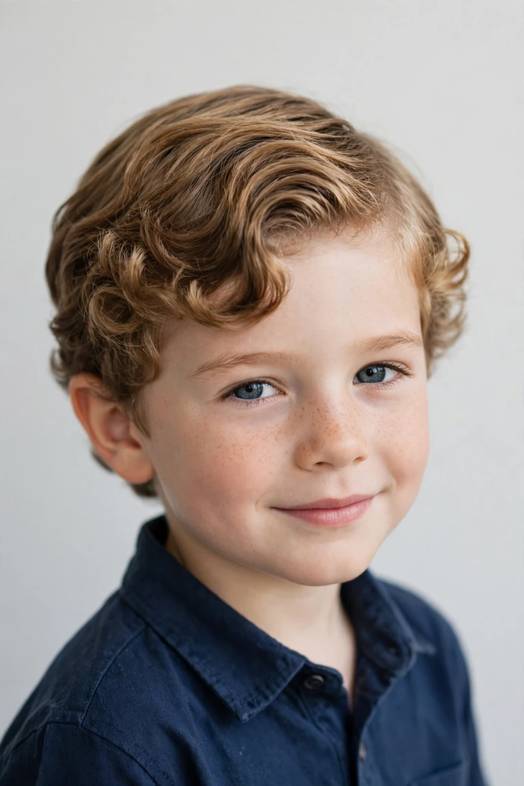 Classic boy with curly side part, tidy curls parted to the side, timeless soft lighting.