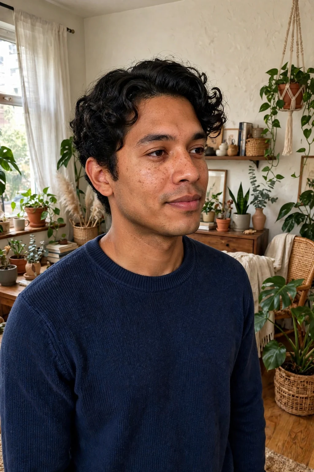 A man with a curly side part, his curls swept to one side with a neat parting and tapered sides.