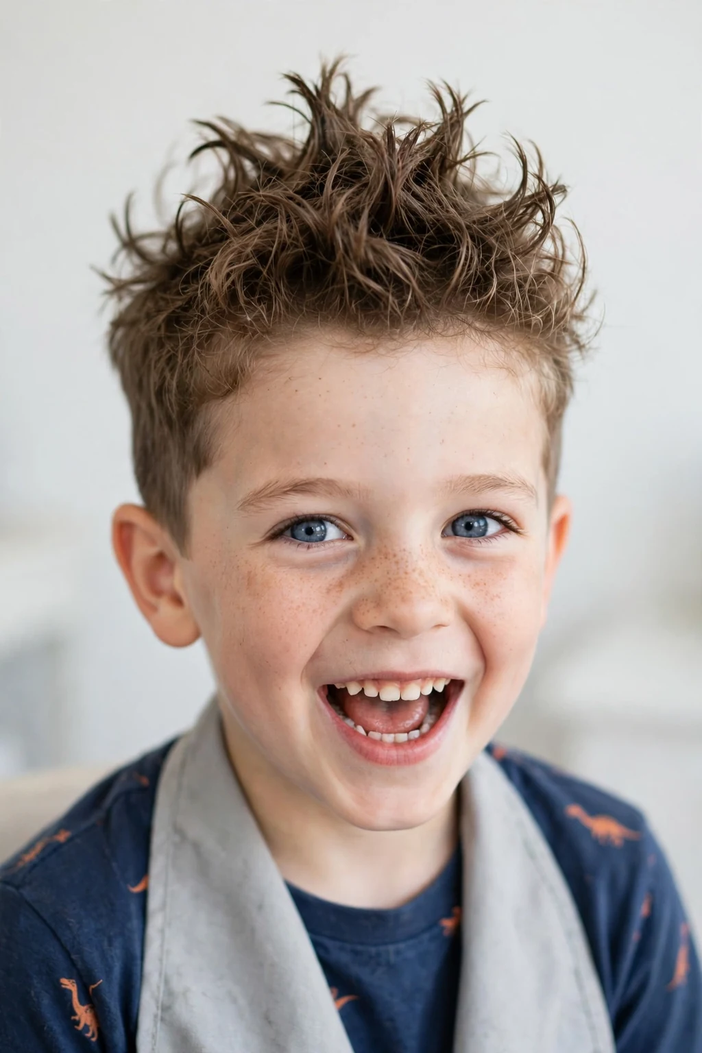 Energetic boy with curly spiky top, textured curls styled upward, fun bright lighting.