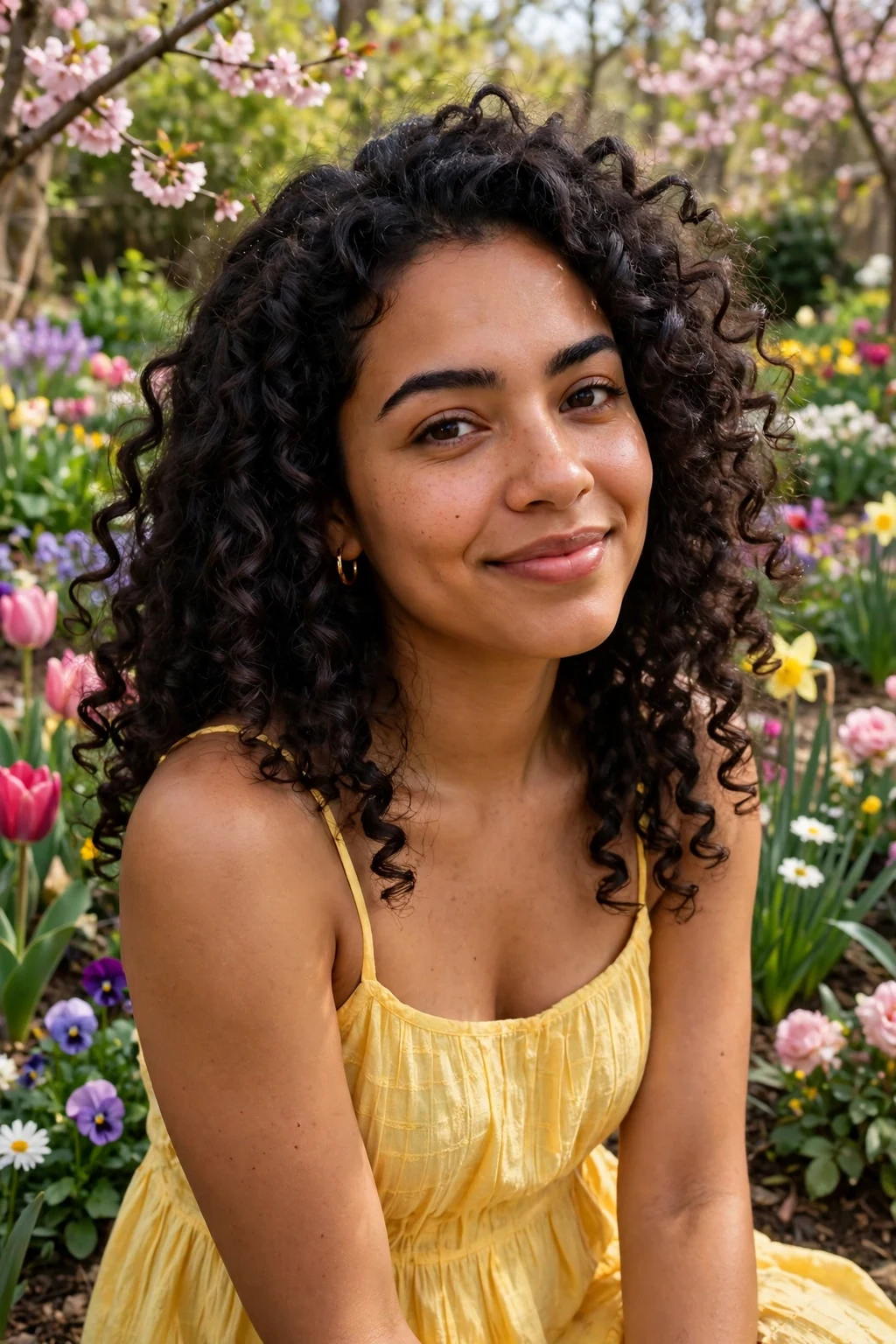 Young woman with curly spring ringlets and defined curls, in a colorful garden wearing a yellow sundress.