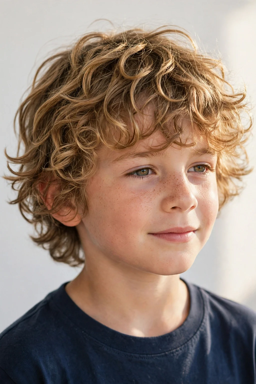 Relaxed boy with curly surfer shag, beachy longer curls, sun-kissed natural lighting.