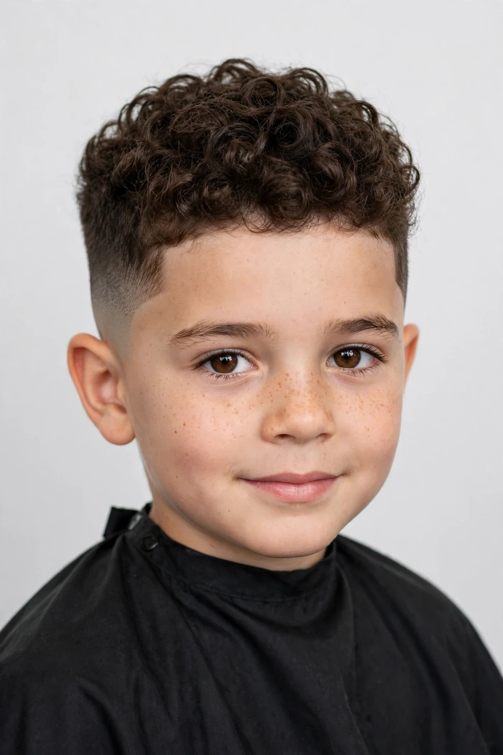 Boy with curly taper fade, crisp fade with defined curls on top, sharp studio lighting.