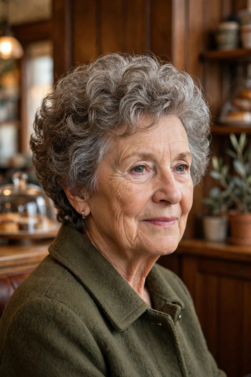 A sophisticated Austrian woman in her 70s with a curly tapered bob, wearing a olive coat, in a coffee house.