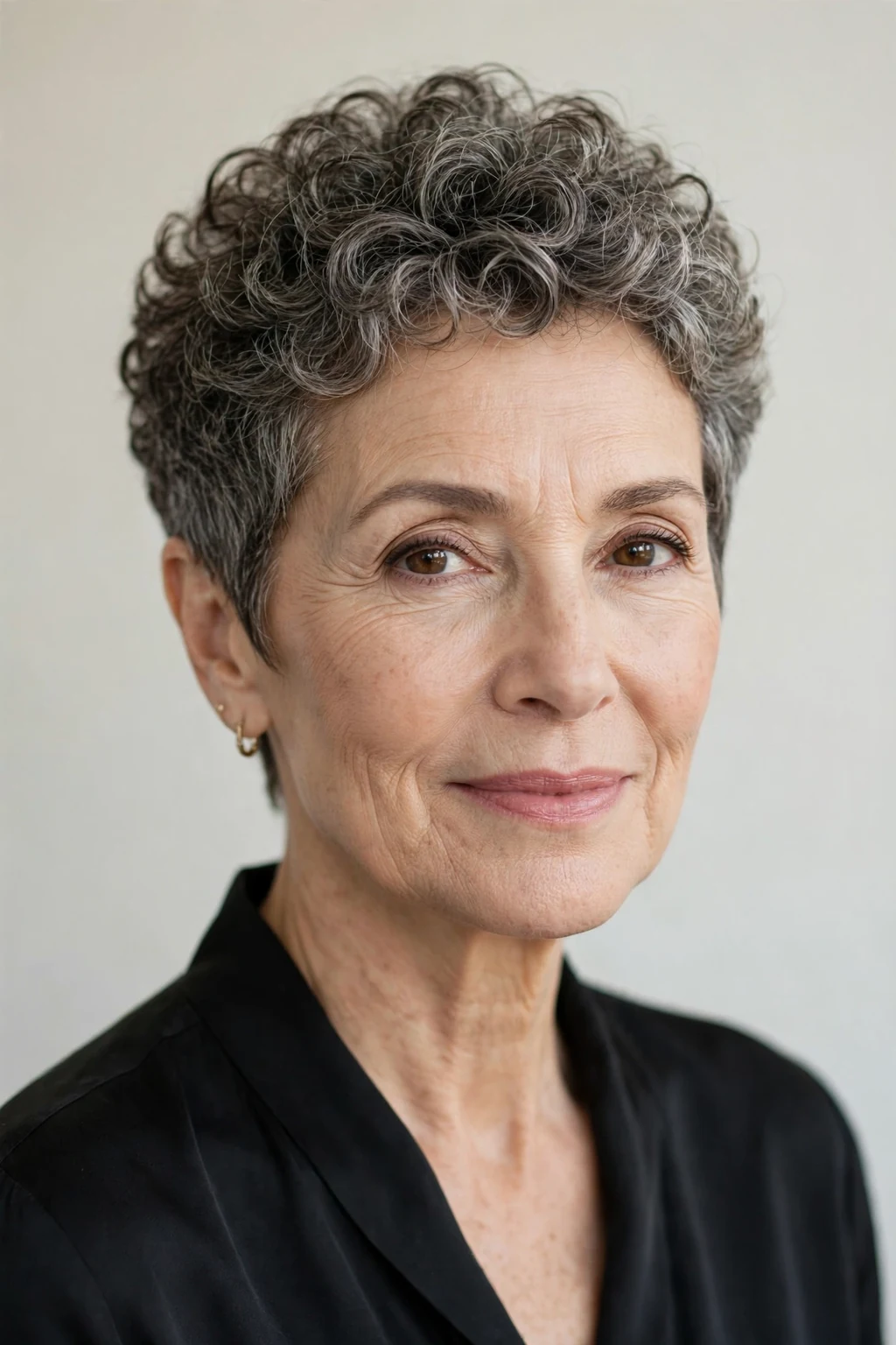 Elegant woman over 60 with curly tapered pixie, neat modern shape, chic light.