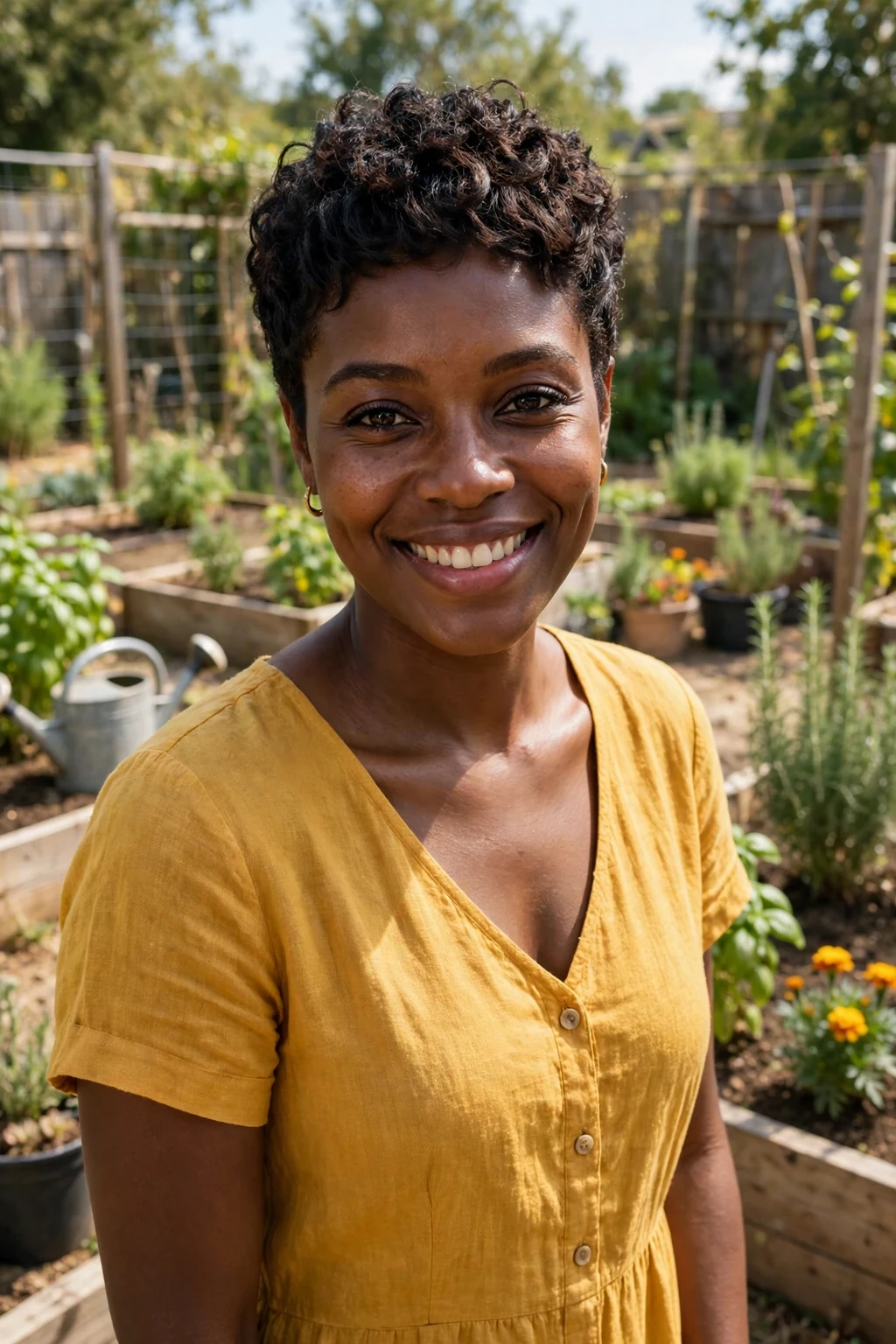 A young woman with a curly tapered pixie, tight defined curls on top and neatly tapered sides.