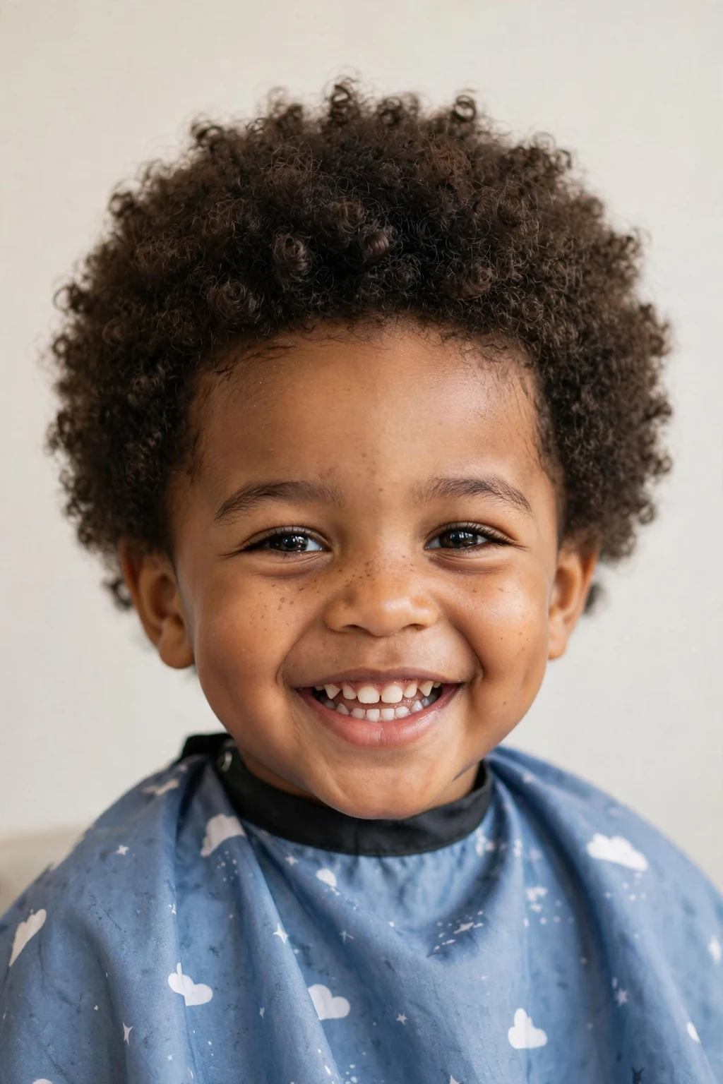 Joyful toddler boy with a rounded curly afro hairstyle, full natural curls, soft bright lighting.