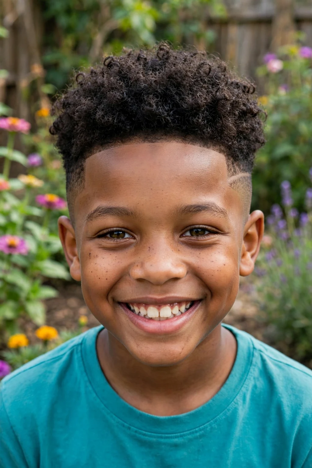 A boy with a curly top fade haircut, defined curls on top with clean faded sides, in a backyard garden wearing a teal T-shirt.