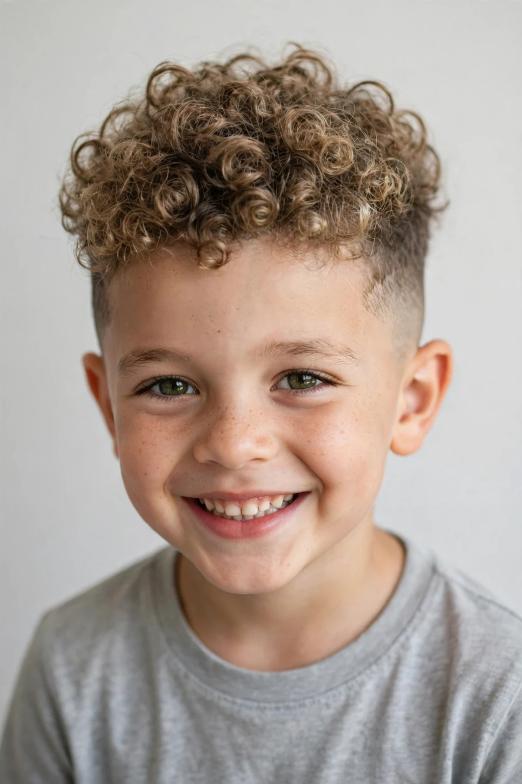 Happy young boy with a curly top fade haircut, curls on top with faded sides, soft natural light.