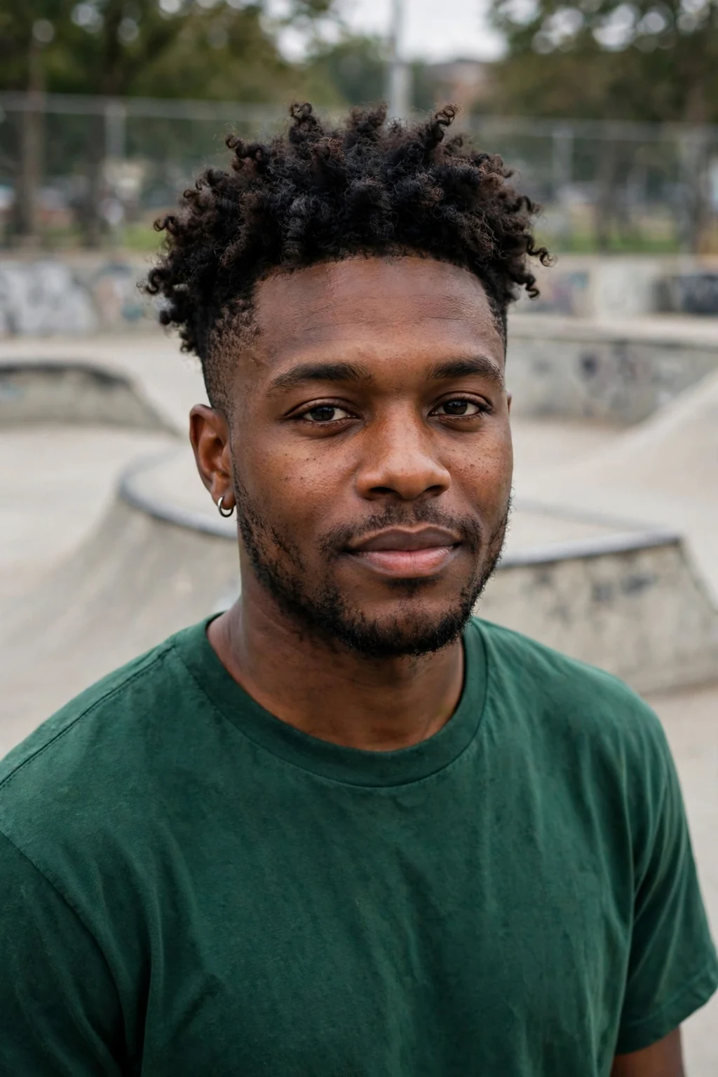 Man in his late 20s with a curly top fade haircut, wearing a forest green t-shirt in a skate park.