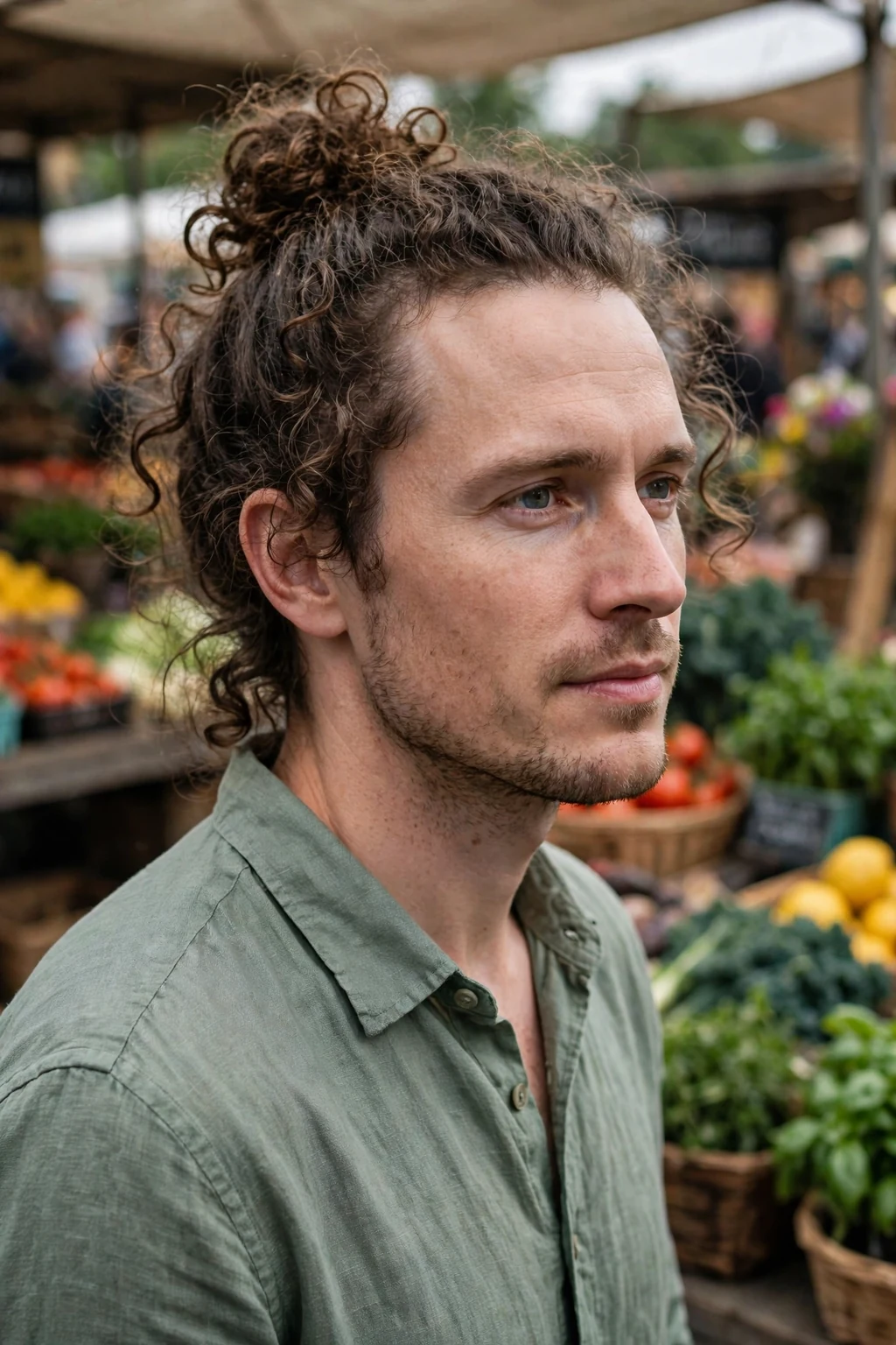 A man with a curly top knot, his long curls gathered into a knot on top with short sides.
