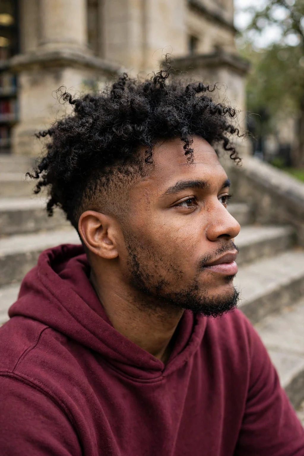 Young Black man with a curly top and taper fade for thick hair, sitting on steps outside a library in a burgundy hoodie.