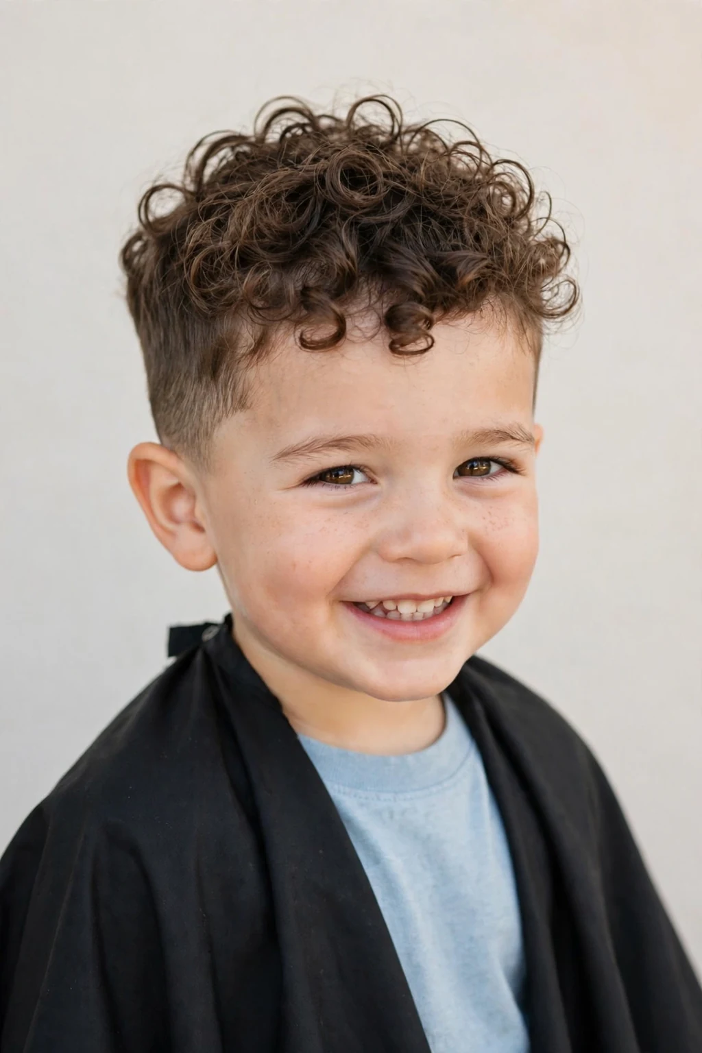 Happy toddler boy with curly hair on top and neatly tapered sides, bright soft lighting, neutral background.