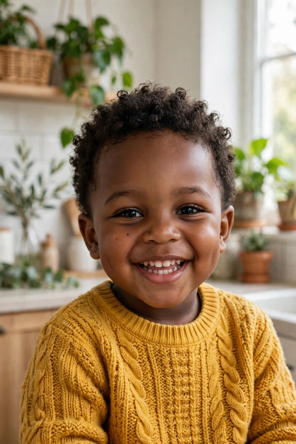 A joyful three-year-old toddler boy with a bouncy curly top haircut, wearing a mustard yellow sweater in a bright kitchen.