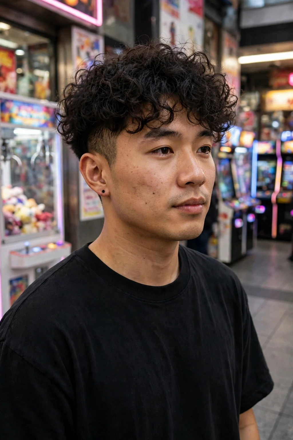 A man with a curly two-block cut, long curls on top with short cropped sides and back.