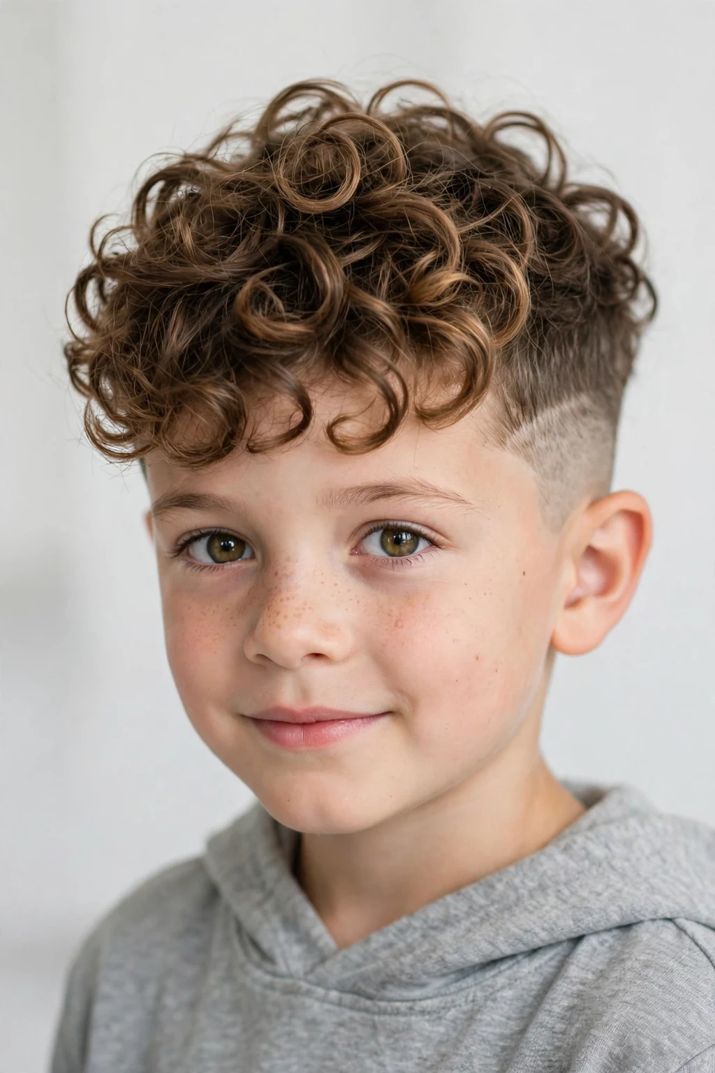 Stylish boy with a curly undercut, long curls on top with short disconnected sides, modern light.