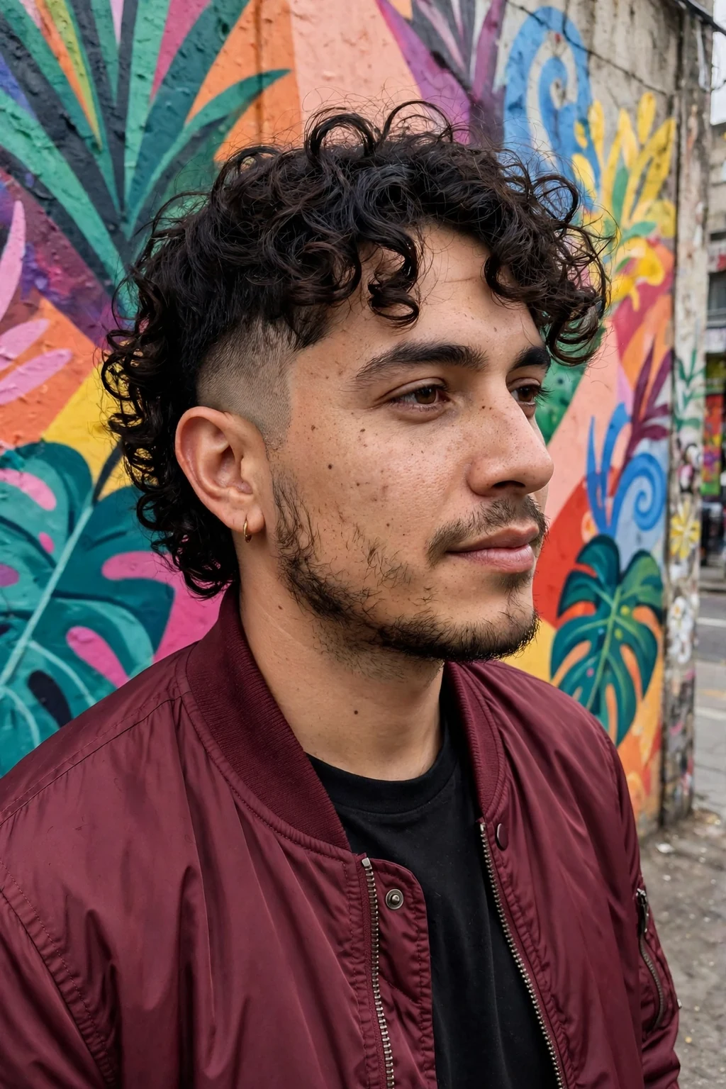 A man with a curly undercut, long curls on top contrasting with closely clipped sides.