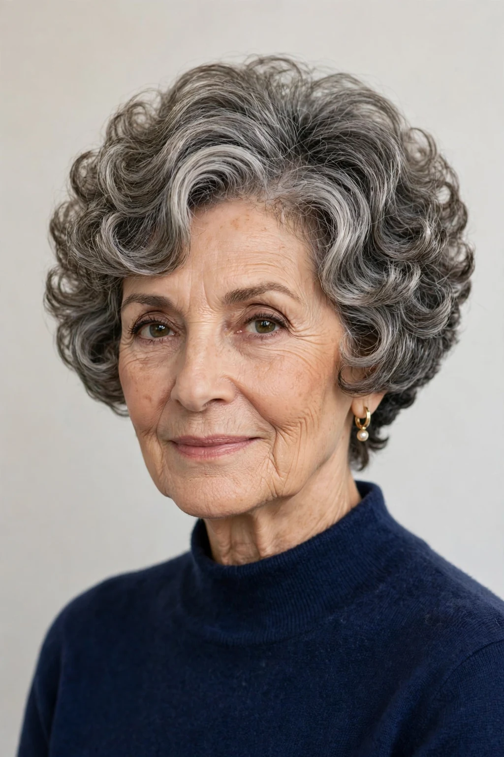 Elegant woman over 60 with curly wedge cut, retro-modern graduated shape, precise light.