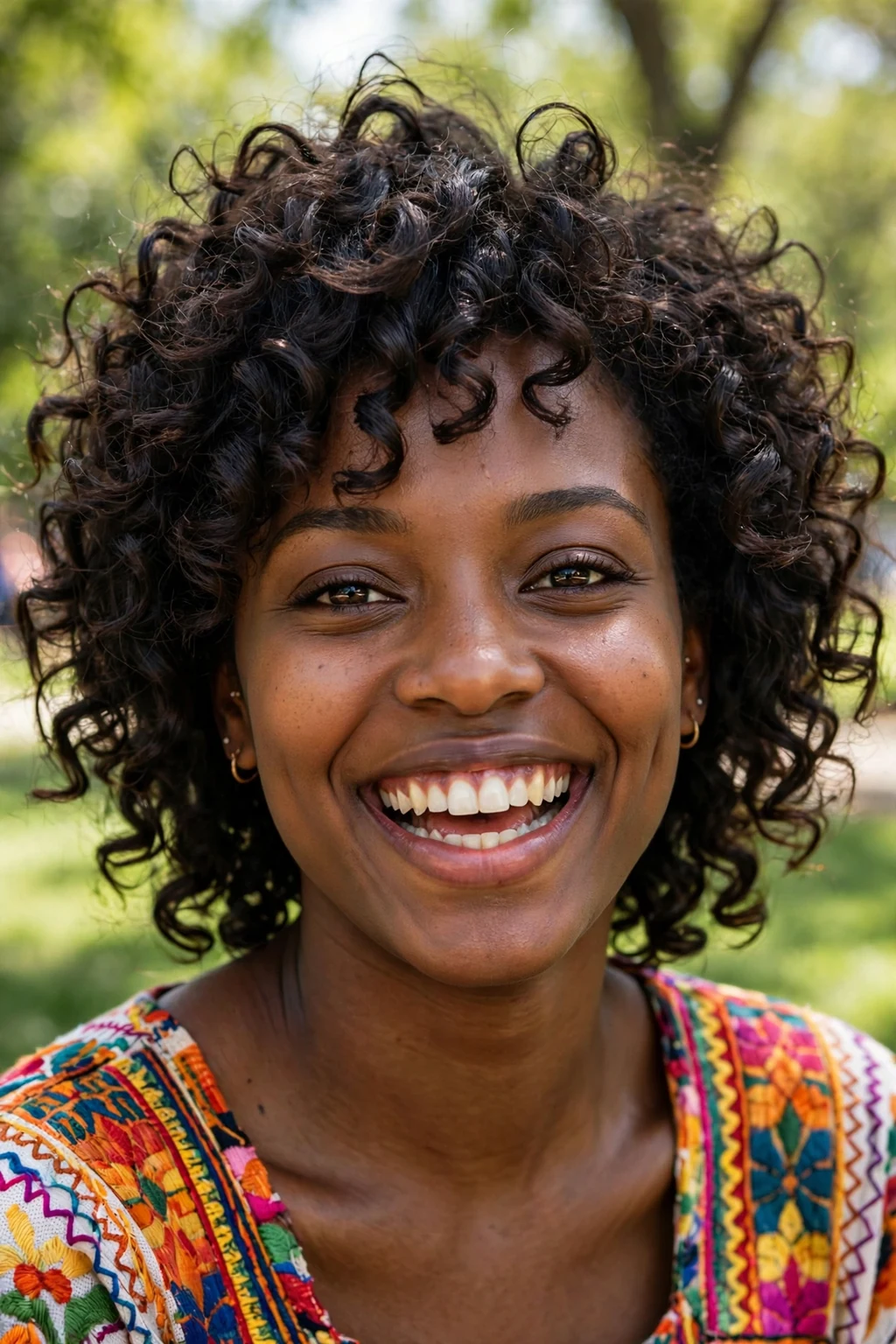 Beautiful woman with curly wolf cut, bouncy curly wolf, vibrant light.