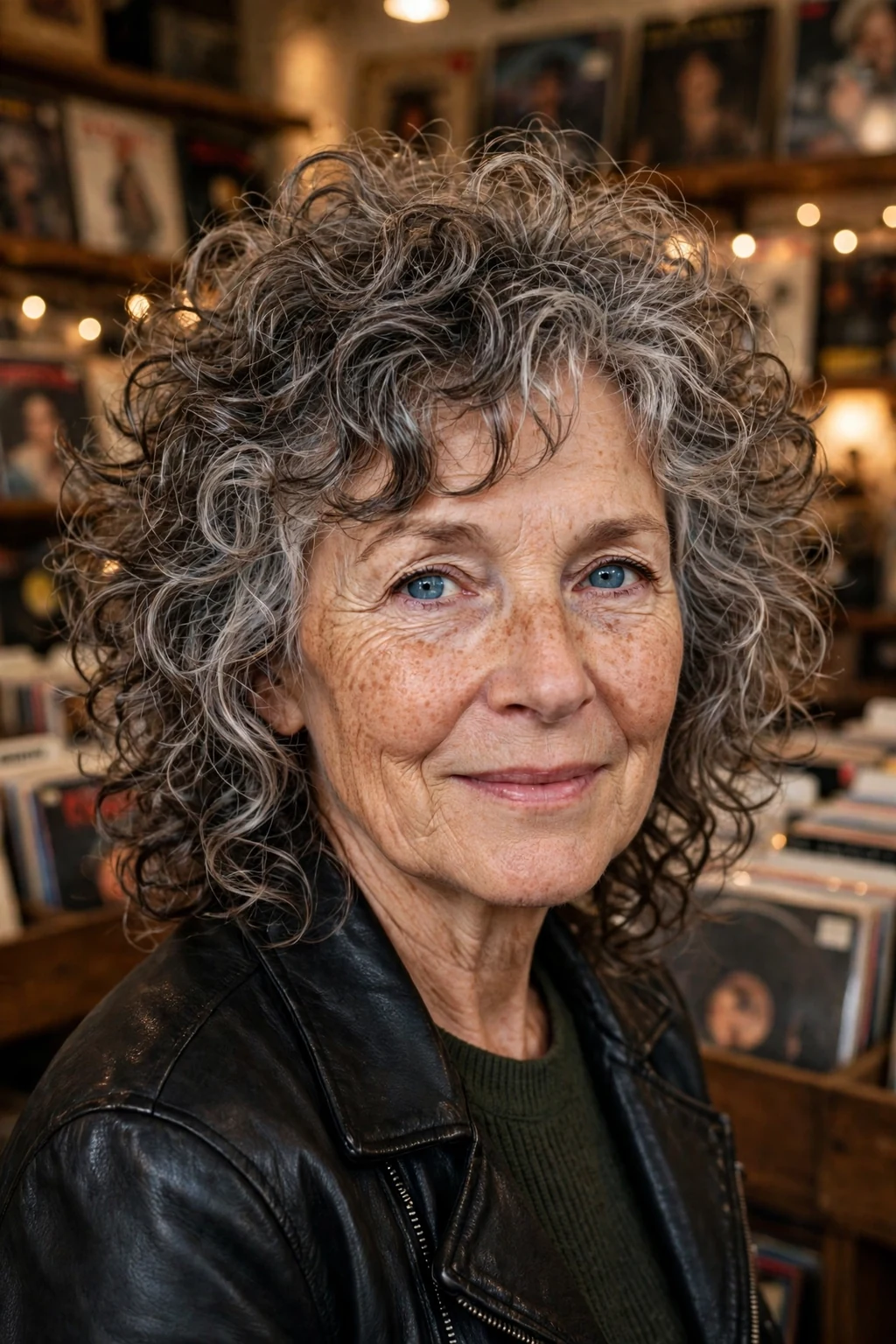 A woman in her early 60s with a curly wolf cut in salt-and-pepper curls, wearing a black leather jacket in a vintage record shop.