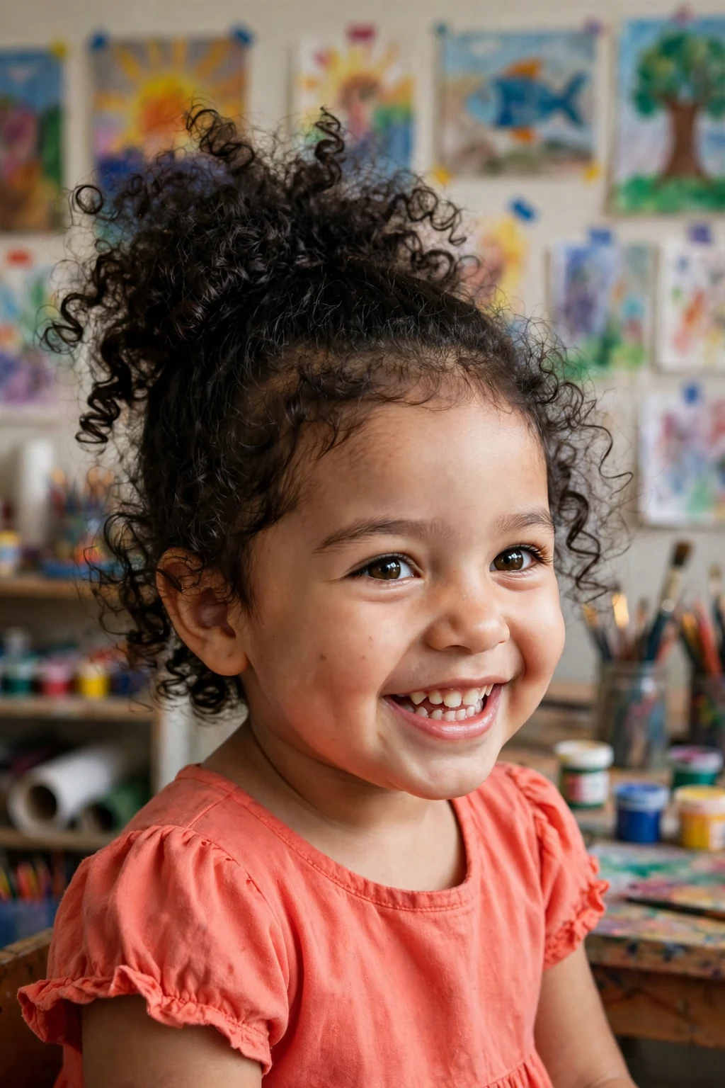 A toddler girl with curly puff ponytail hairstyle, wearing coral dress, in art classroom with paintings.