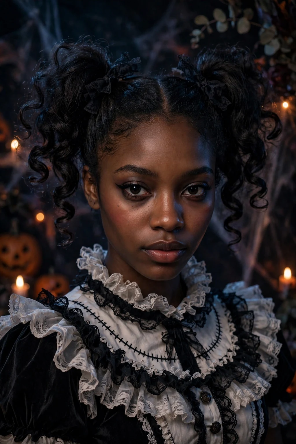 Young Black woman with cursed doll pigtails and a creepy doll costume.