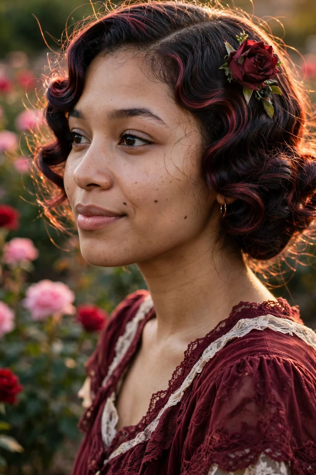 Young Black woman with cursed rose vintage waves and a deep red rose accessory at a Halloween party.
