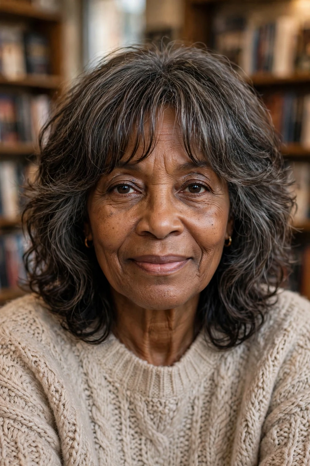 Beautiful woman over 60 with curtain bang shag, soft curtain shag, face-framing light.