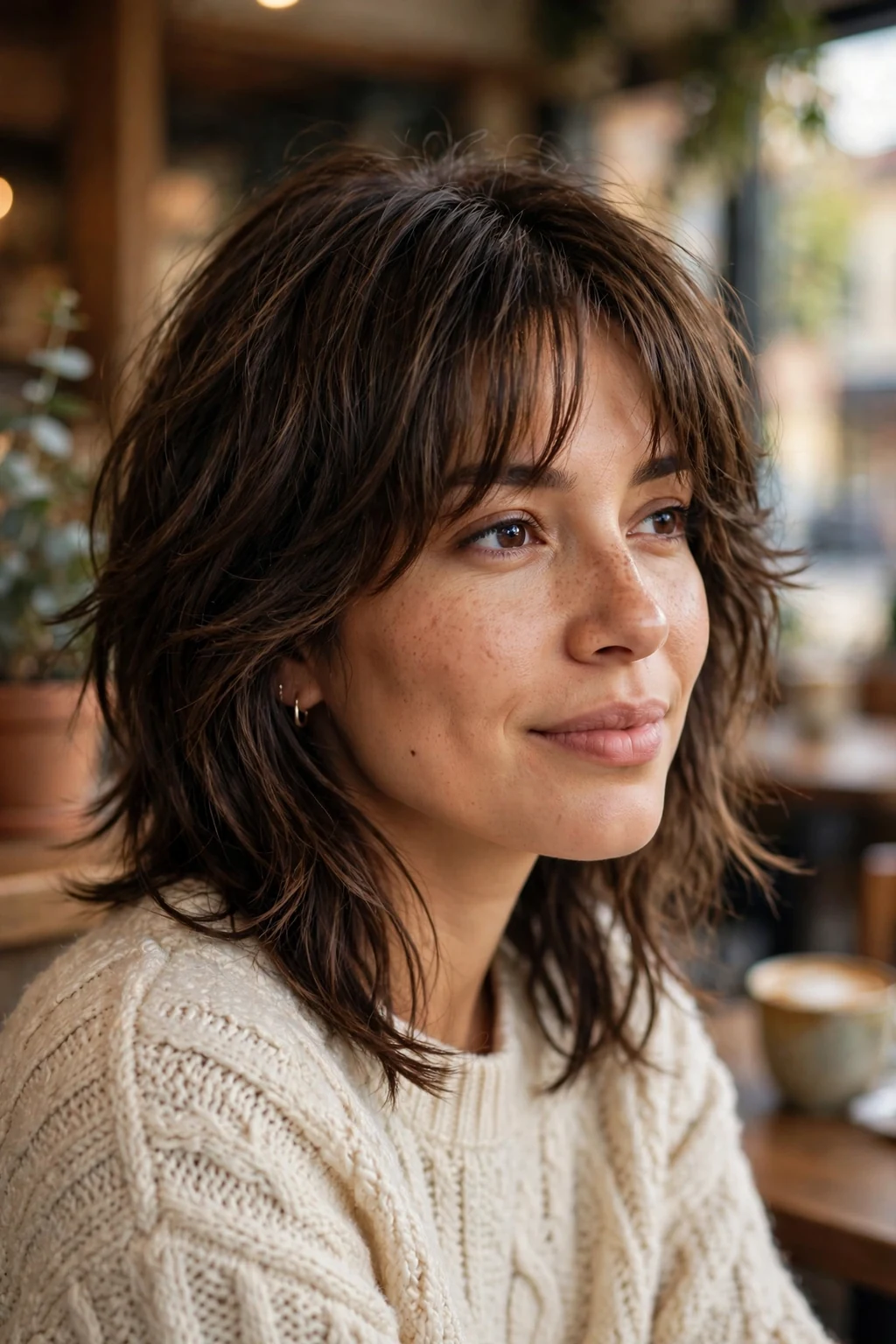 Beautiful woman with curtain bang shag, soft curtain bangs with shag, soft light.