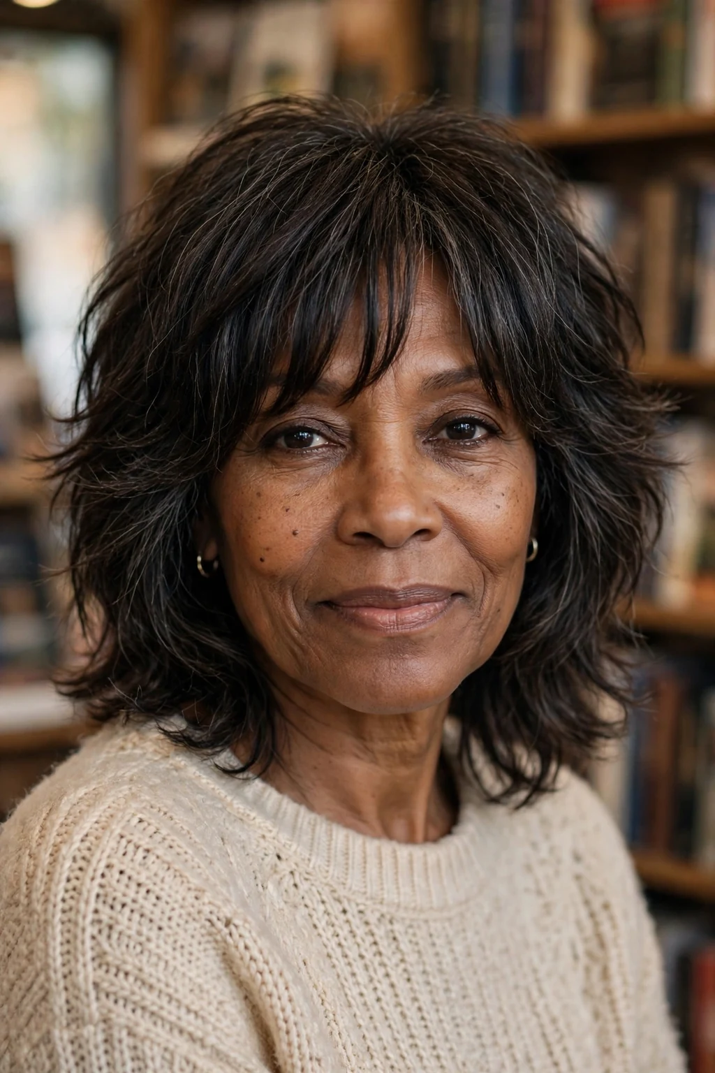 Beautiful woman over 50 with curtain bang shag, soft curtain shag, face-framing light.