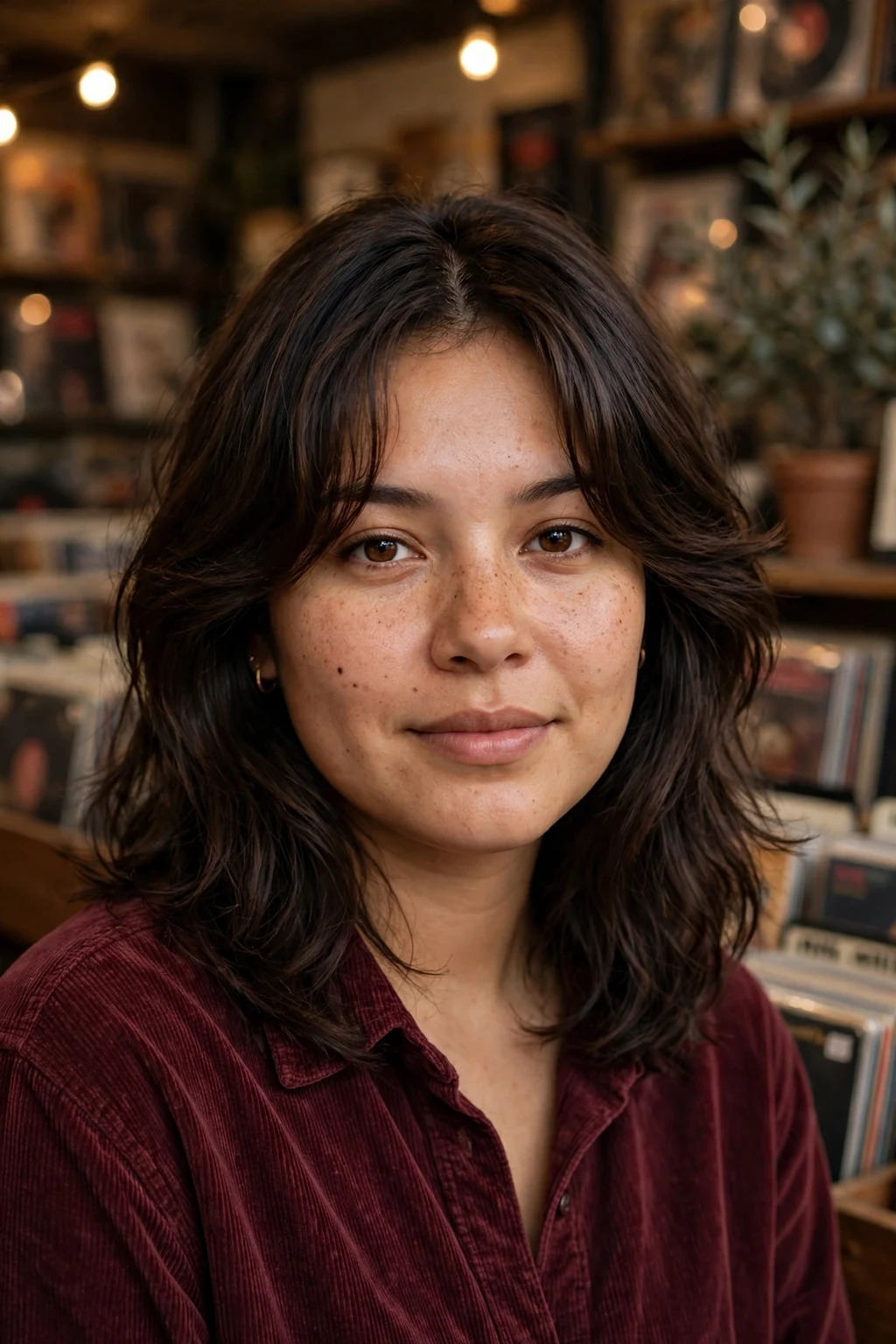 Young woman with a round face wearing curtain bangs and medium-length layered hair.