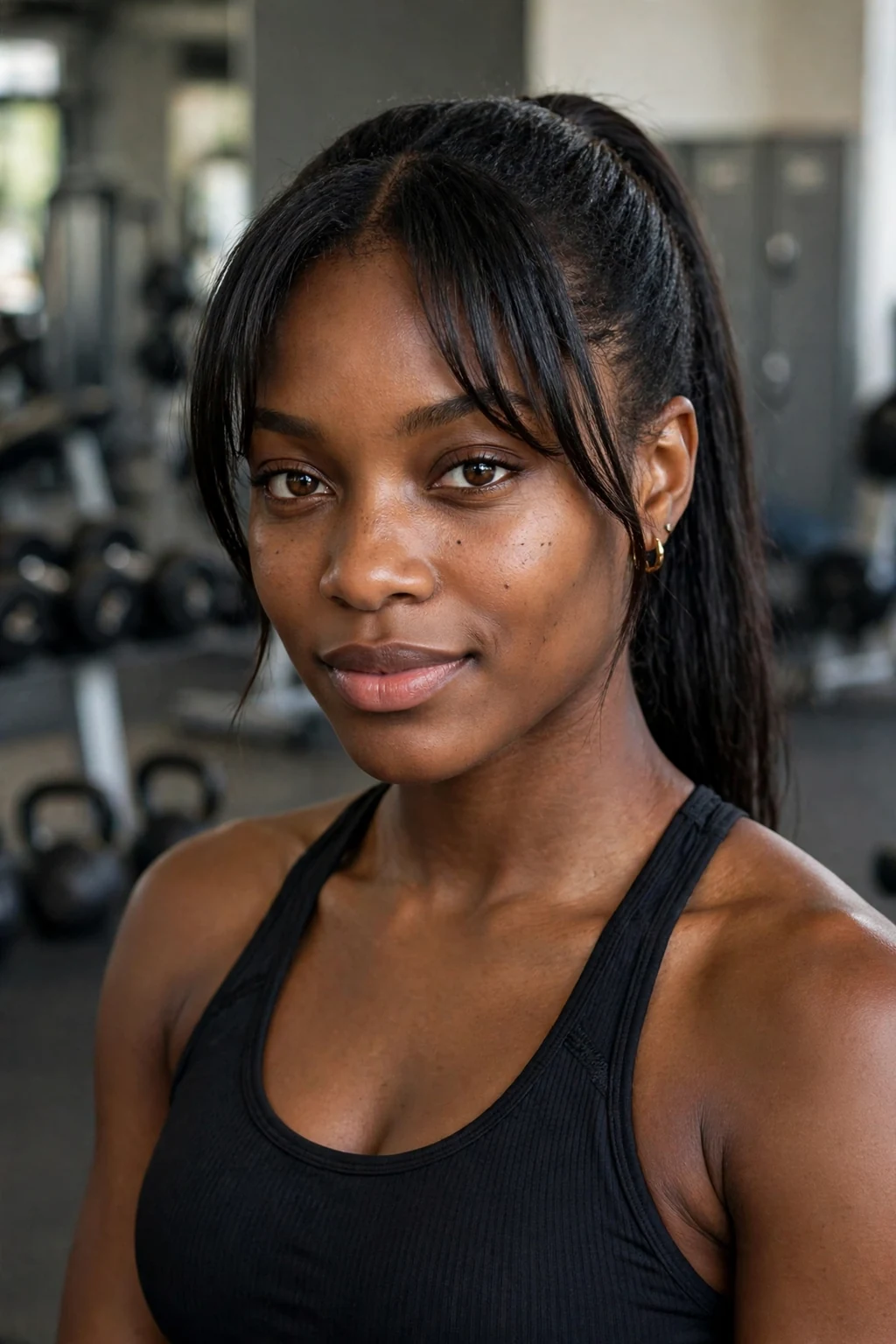 Beautiful woman with curtain bangs and ponytail, sleek ponytail with curtain bangs, sporty light.