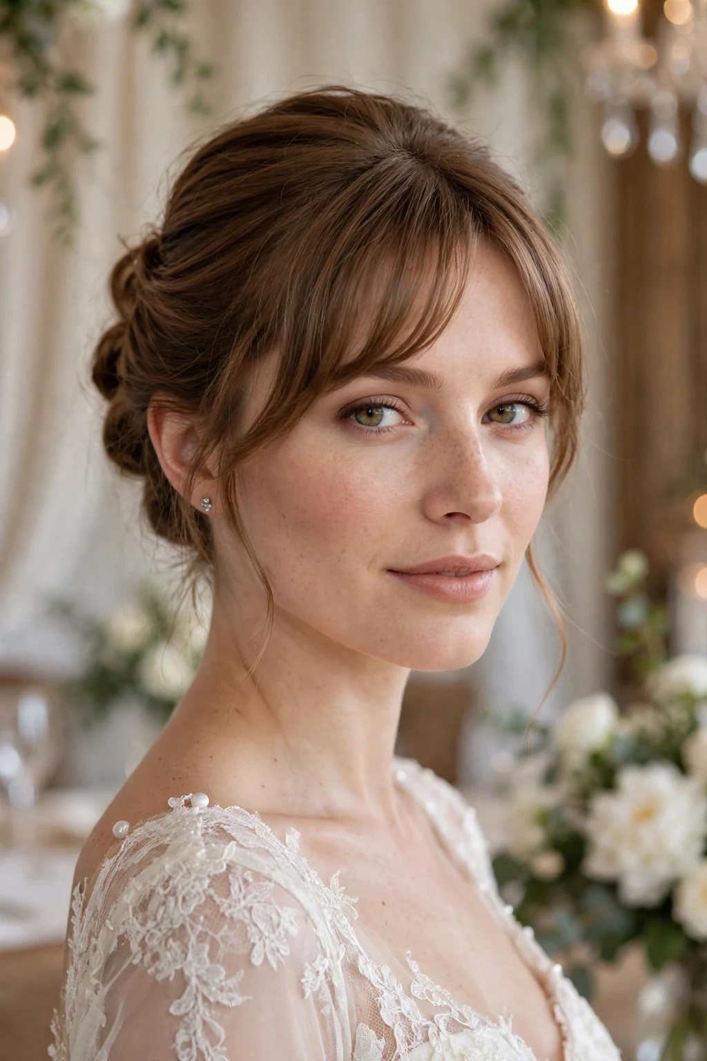 Beautiful woman with curtain bangs and updo, elegant updo with curtain bangs, formal light.