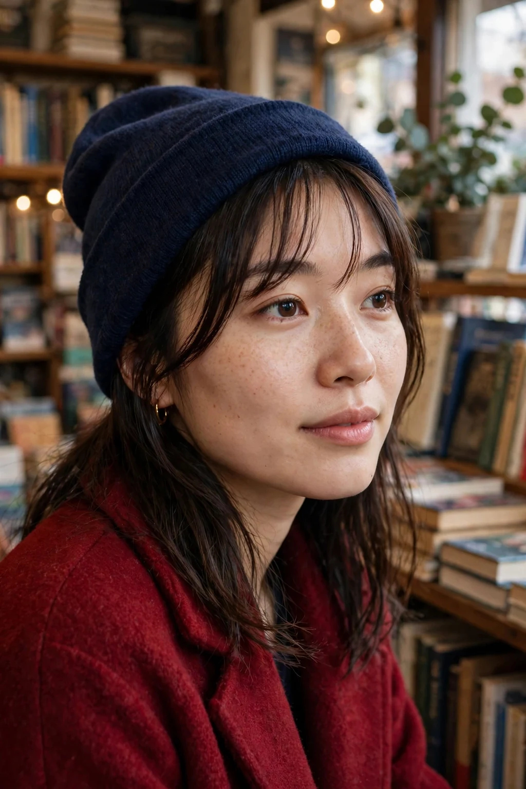 Young woman with curtain bangs framing her face under a cream-free navy beanie in a bookshop.