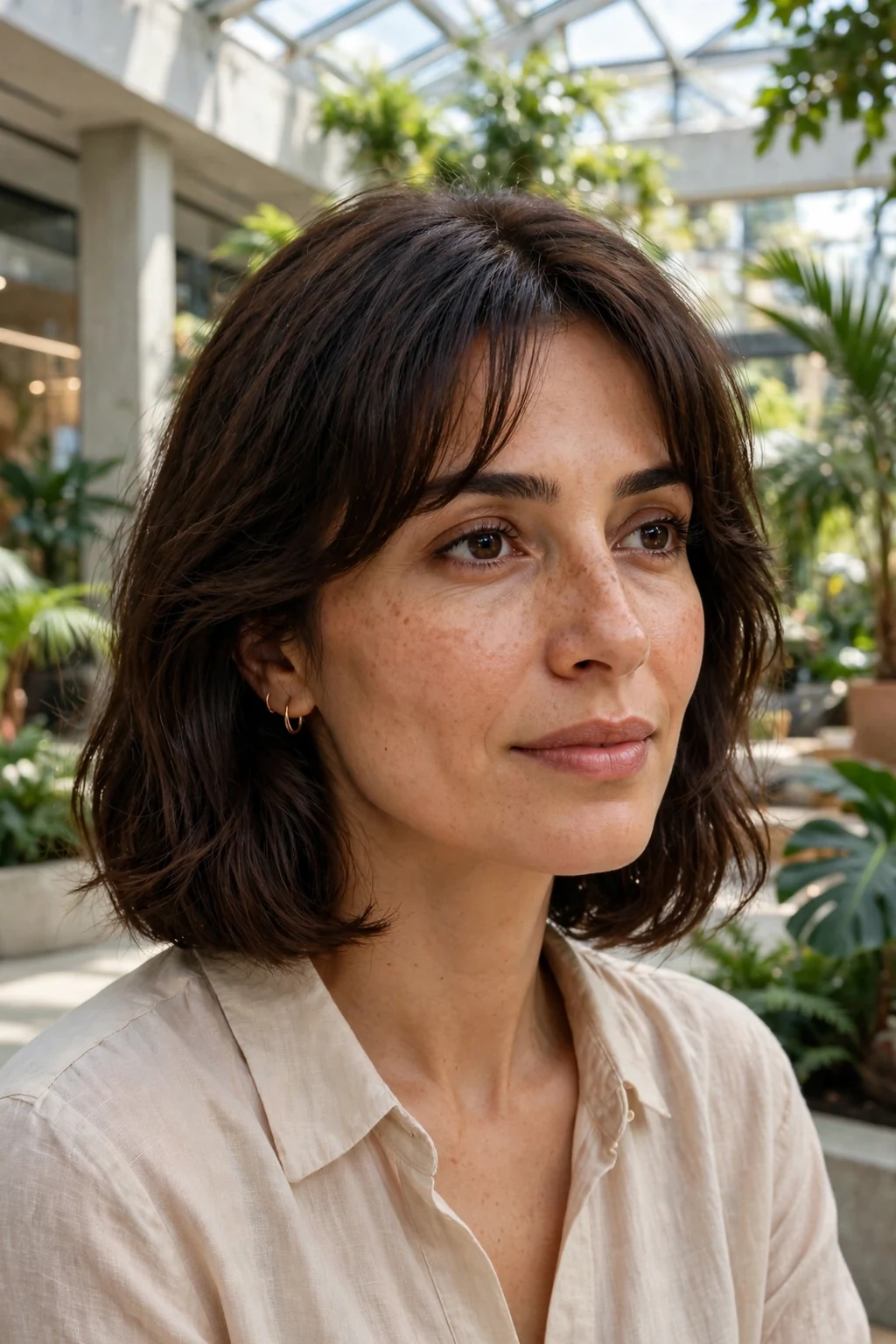 Beautiful woman with curtain bob bangs, soft curtain bob bangs, face-framing light.