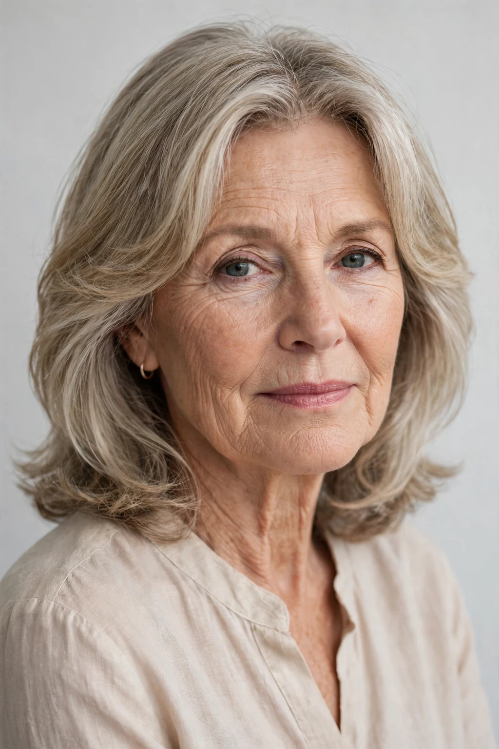 Beautiful older woman with curtain layers, soft curtain layers, framing light.
