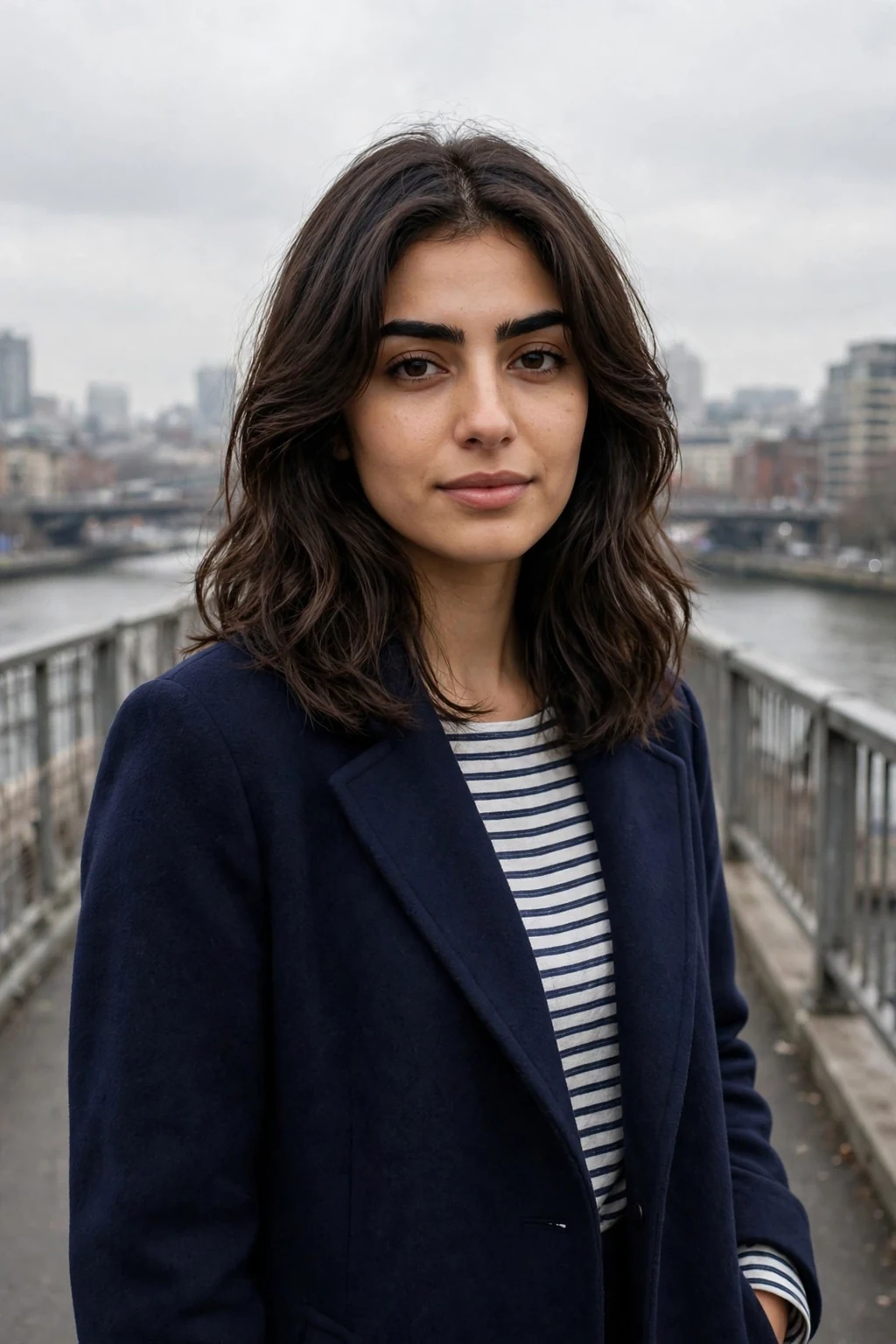 Young woman with curtain layers at medium length, standing on a city bridge wearing a navy coat.