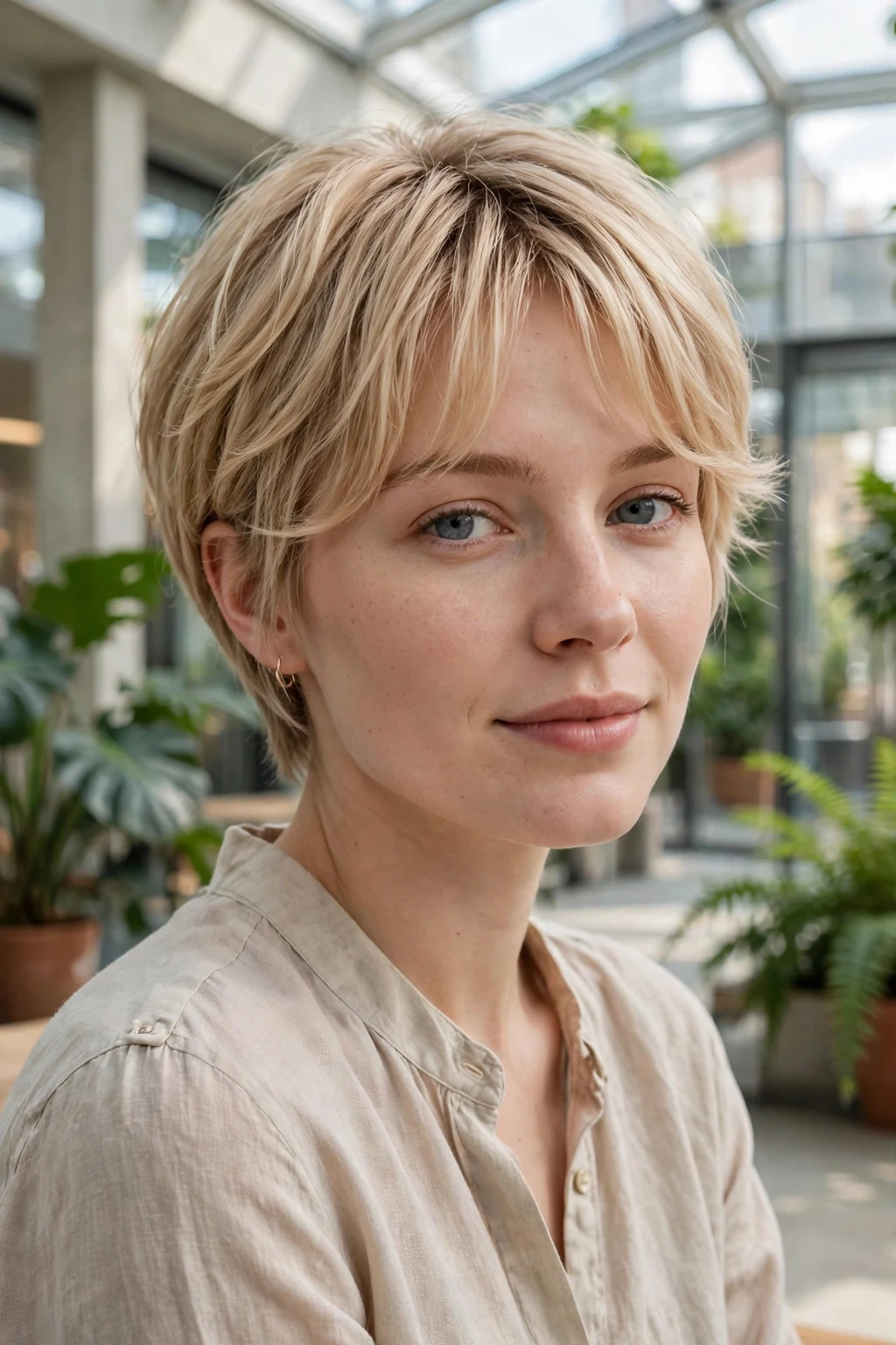 Beautiful woman with curtain pixie bangs, soft curtain pixie bangs, face-framing light.