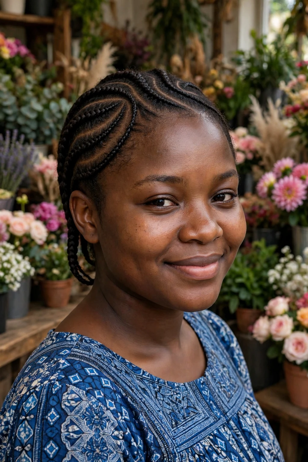 Young African woman with curved cornrows in a flower shop, wearing a blue patterned dress.