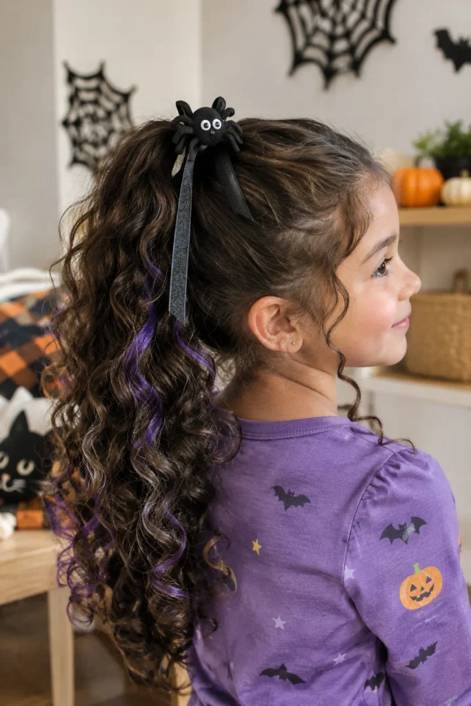 a 7-year-old girl with long curly dark hair in a high ponytail, decorated with a cute black spider accessory, black ribbons, and subtle purple curls, wearing a purple Halloween shirt in a cozy pumpkin-decorated room.