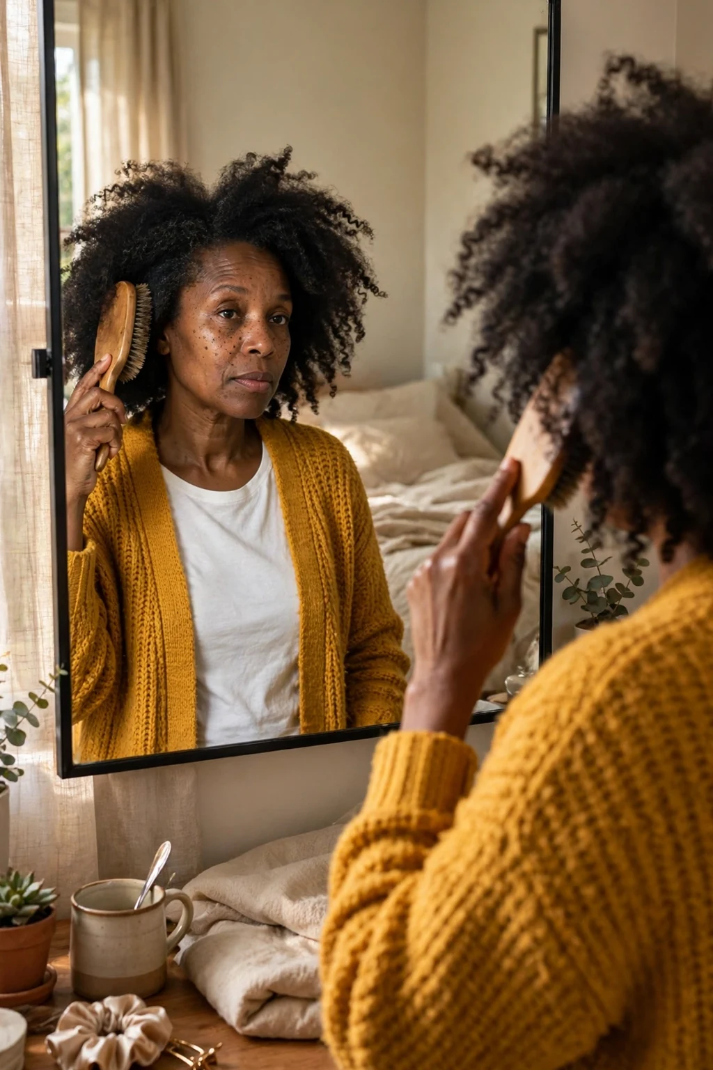 A middle-aged Black woman with voluminous natural coily hair brushing her hair with a boar-bristle brush in front of a bedroom mirror.