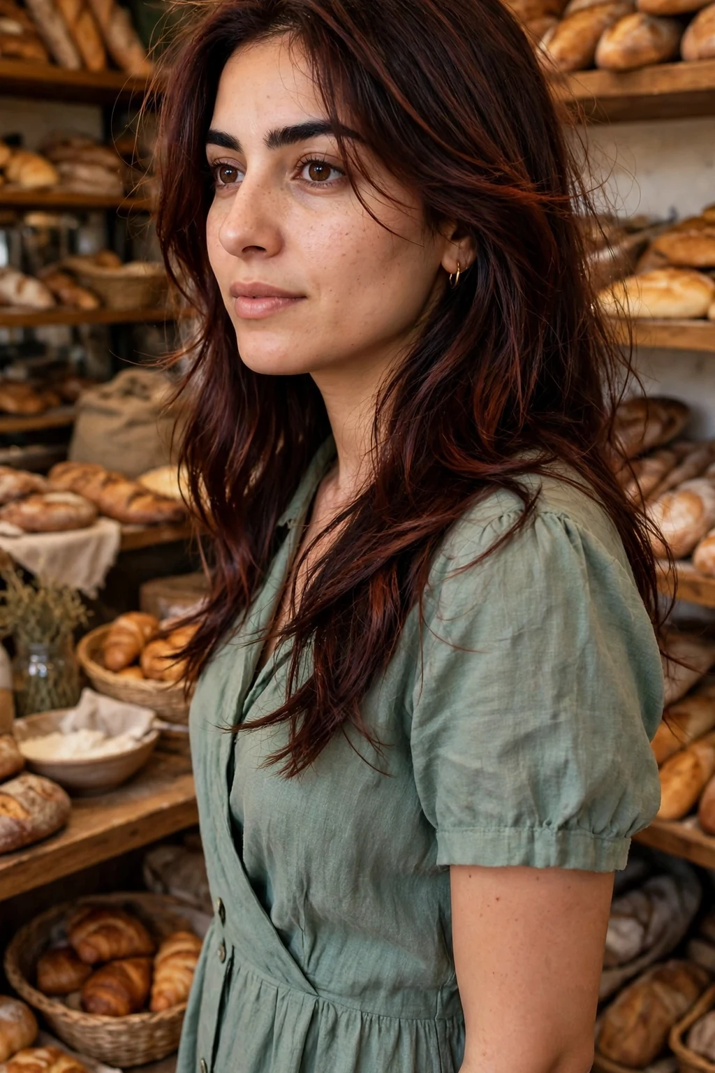 Young woman with dark auburn witch layers in a bakery wearing a sage-green dress.