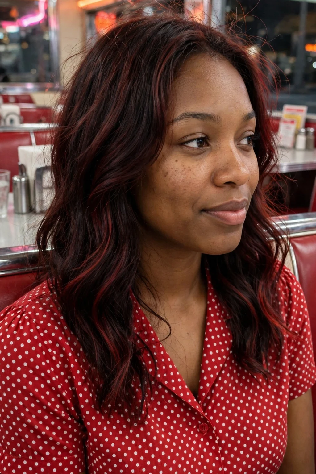Young woman with dark cherry cola waves at a diner wearing a red polka-dot dress.