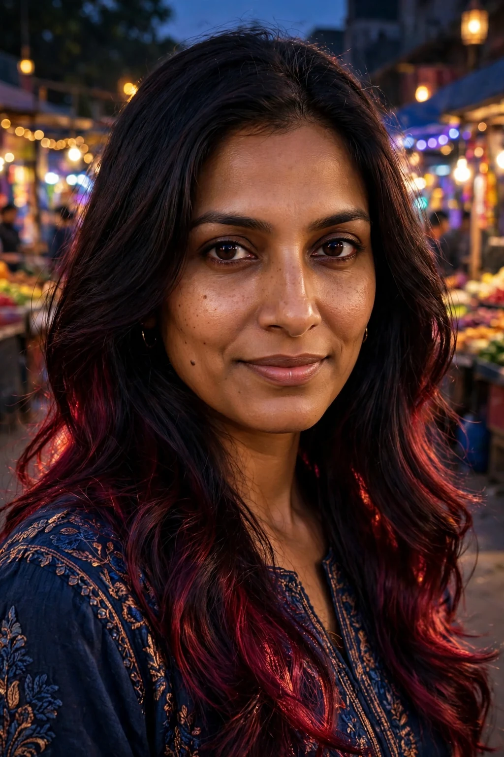 Young South Asian woman around 30 with dark hair and dark cherry underlights glowing beneath, at a night market wearing an indigo embroidered top.