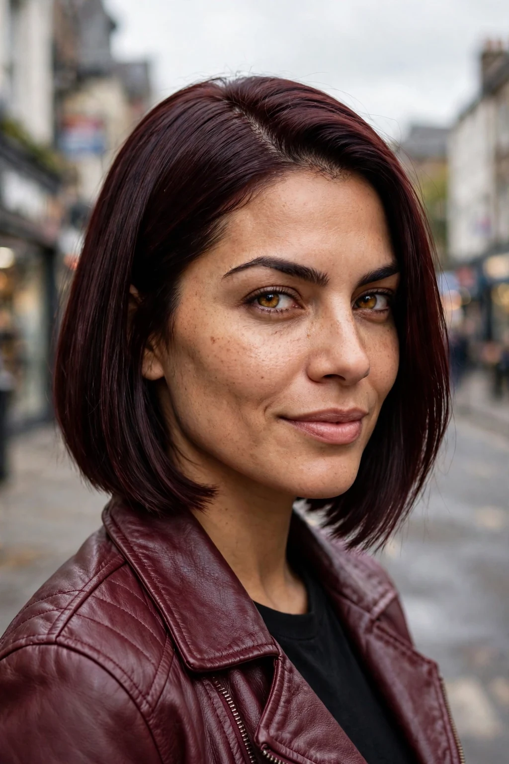 Young Latina woman in her late 20s with a dark maroon bob haircut with a deep side part, on a city street wearing a burgundy leather jacket.