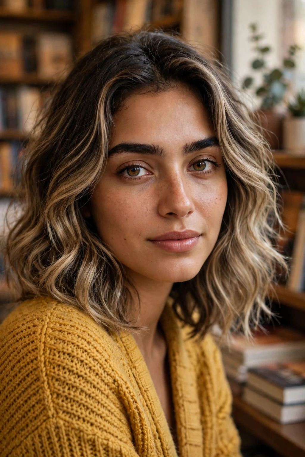 Young woman with dark-rooted bronde hair in beachy waves, wearing a mustard yellow cardigan in a bookstore.